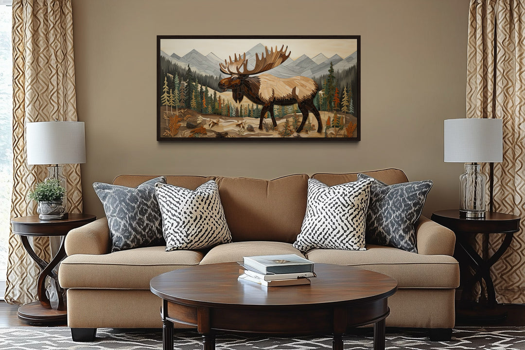 Moose In Mountain Forest Framed Canvas Wall Art For Cabin Decor