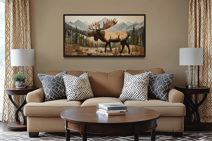 Moose In Mountain Forest Framed Canvas Wall Art For Cabin Decor