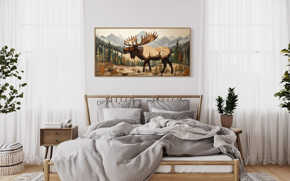 Rustic Cabin Wall Decor - Moose In Mountain Forest Framed Canvas Wall Art For Cabin Decor