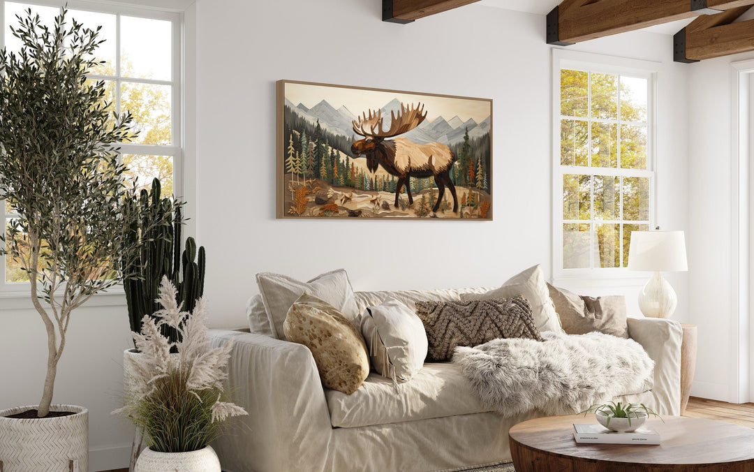 Moose In Mountain Forest Framed Canvas Wall Art For Cabin Decor