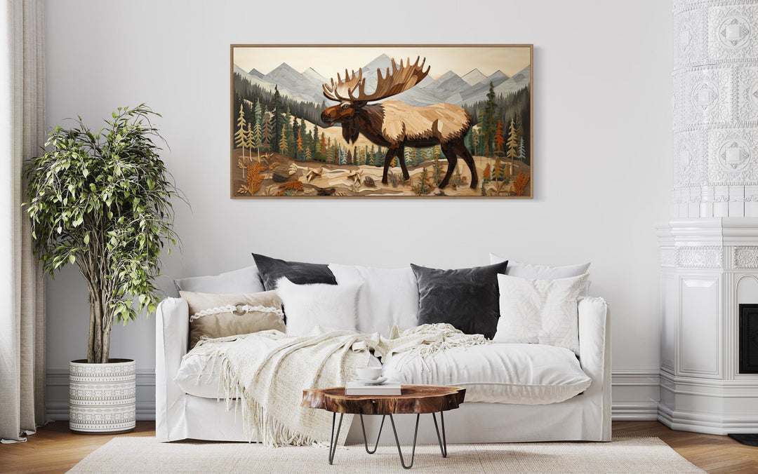 Moose In Mountain Forest Framed Canvas Wall Art For Cabin Decor