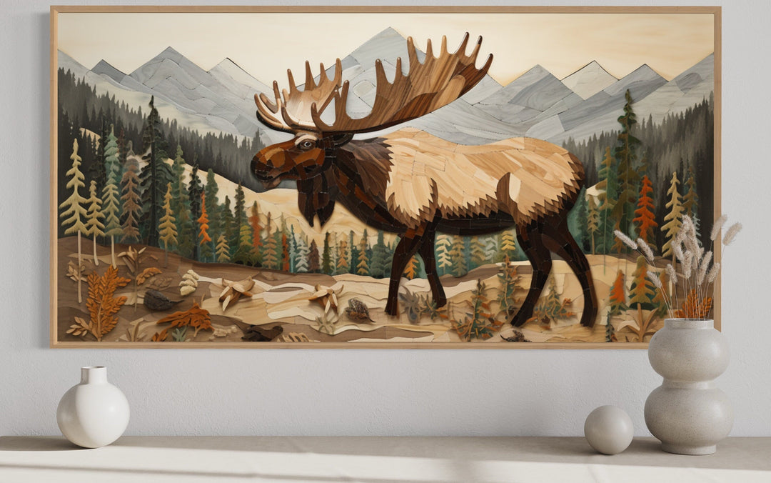 Moose In Mountain Forest Framed Canvas Wall Art For Cabin Decor