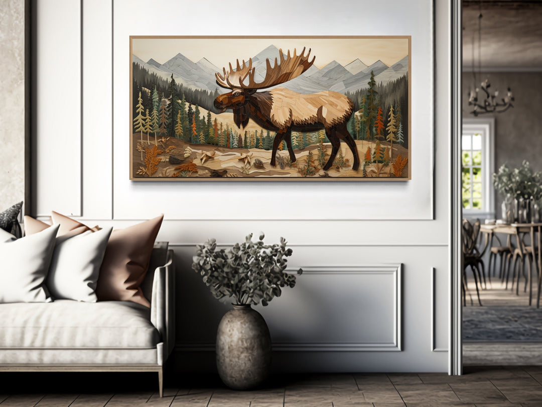 Moose In Mountain Forest Framed Canvas Wall Art For Cabin Decor