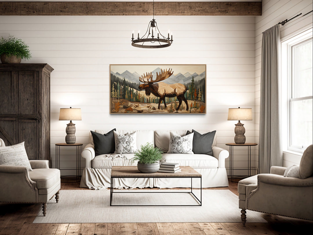 Moose In Mountain Forest Framed Canvas Wall Art For Cabin Decor