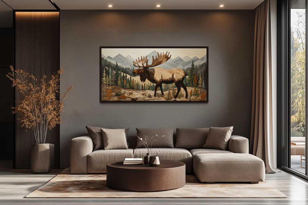 Moose In Mountain Forest Framed Canvas Wall Art For Cabin Decor