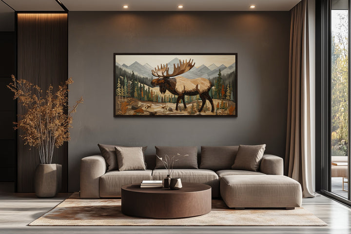 Moose In Mountain Forest Framed Canvas Wall Art For Cabin Decor