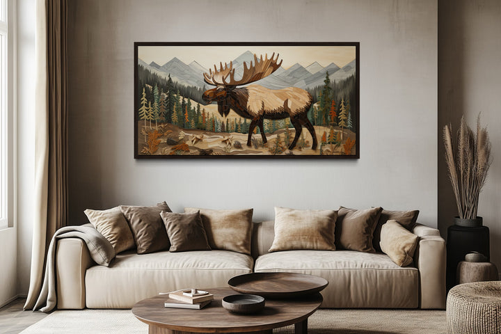Moose In Mountain Forest Framed Canvas Wall Art For Cabin Decor