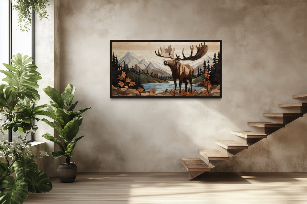 Moose In Mountains Wood Panel Effect Framed Canvas Wall Art