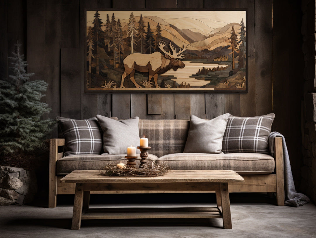 Moose In Mountains Wood Panel Effect Framed Canvas Wall Art