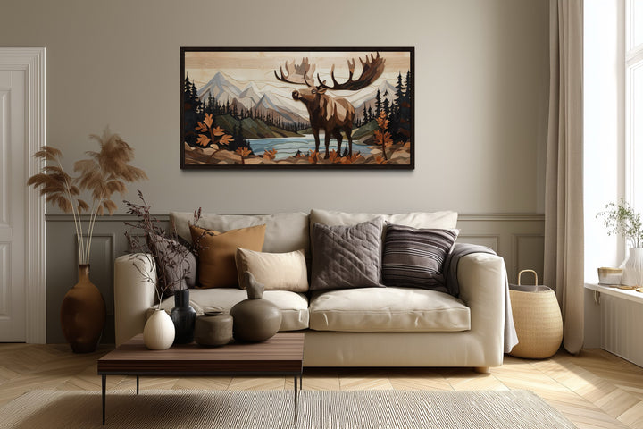 Moose In Mountains Wood Panel Effect Framed Canvas Wall Art