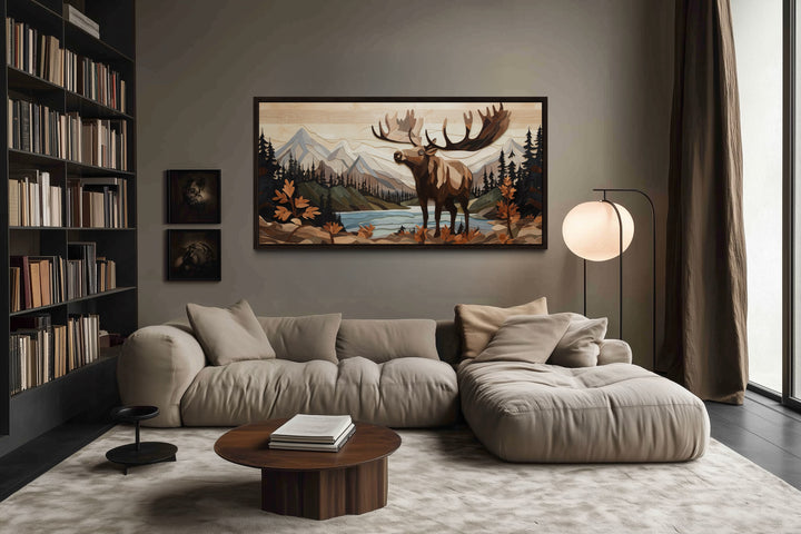 Moose In Mountains Wood Panel Effect Framed Canvas Wall Art