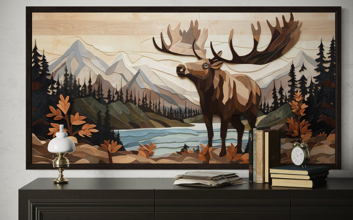 Moose In Mountains Wood Panel Effect Framed Canvas Wall Art