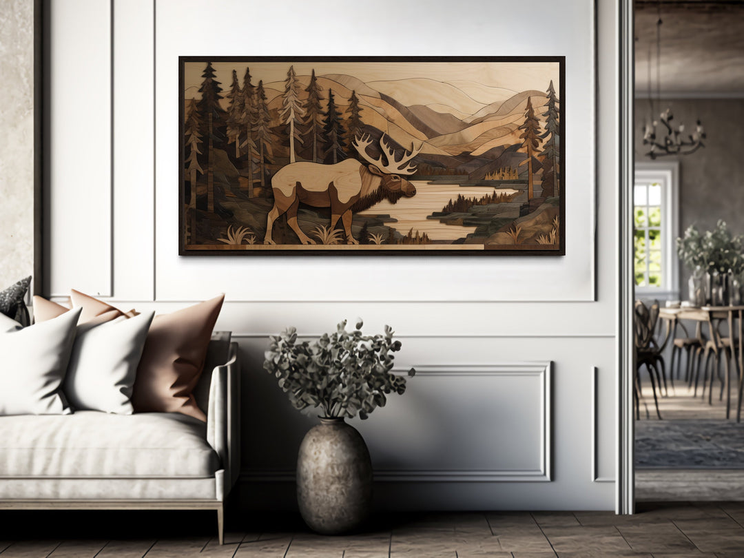 Moose In Mountains Wood Panel Effect Wall Art in rustic cabin