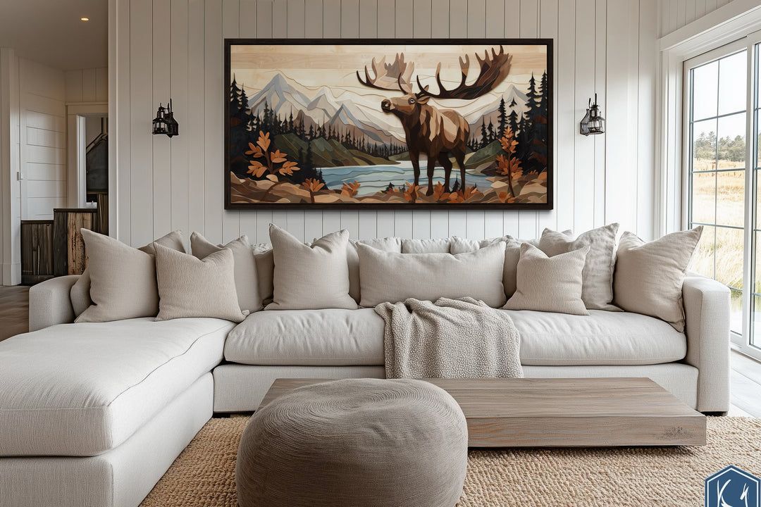 Moose In Mountains Wood Panel Effect Framed Canvas Wall Art