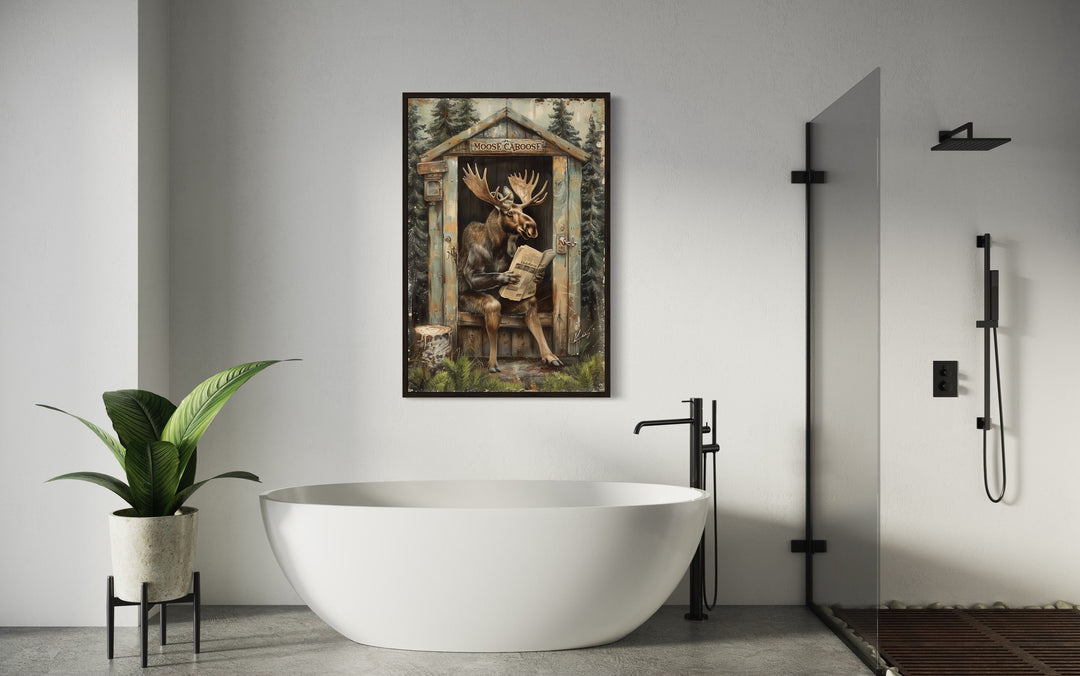 Moose In Outhouse Toilet In The Forest Reading Newspaper Wall Art in bathroom with a tub