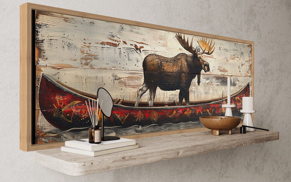 Moose In Red Canoe Long Panoramic Framed Canvas Wall Art For Cabin Decor