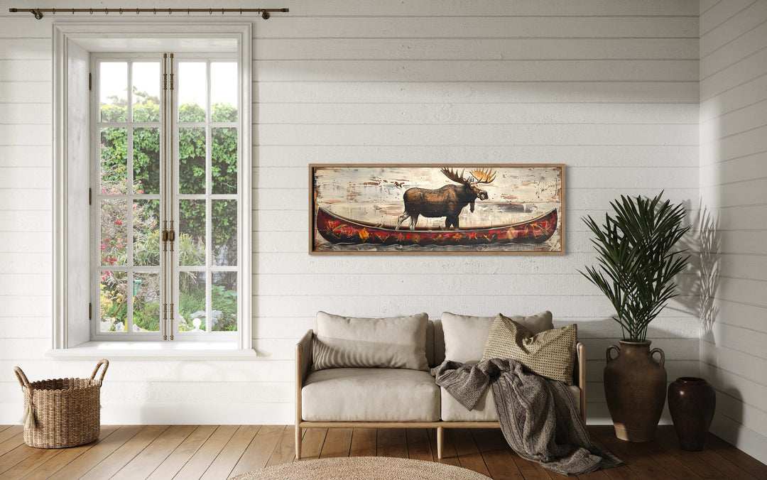 Moose In Red Canoe Long Panoramic Framed Canvas Wall Art For Cabin Decor