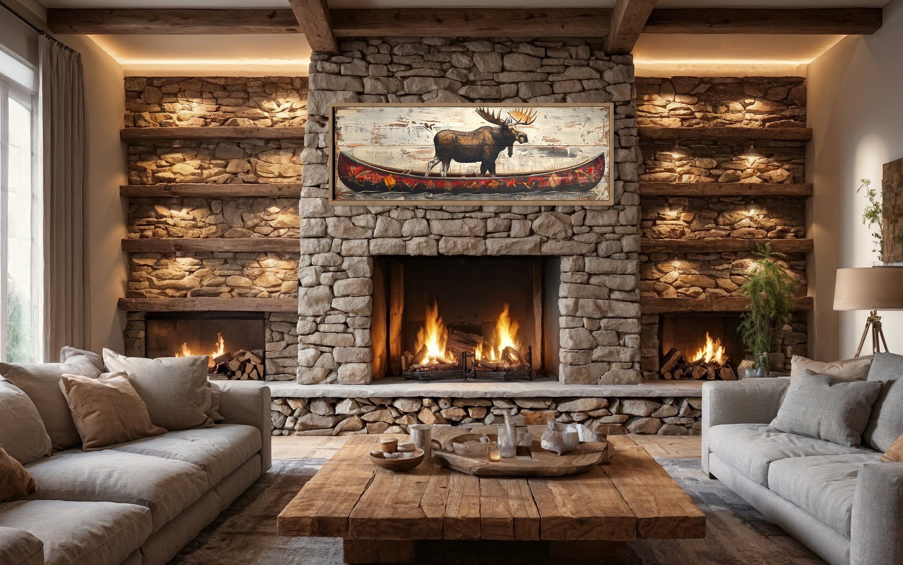 Moose in Red Canoe Panoramic Canvas Wall Art | Cabin Decor – Wall