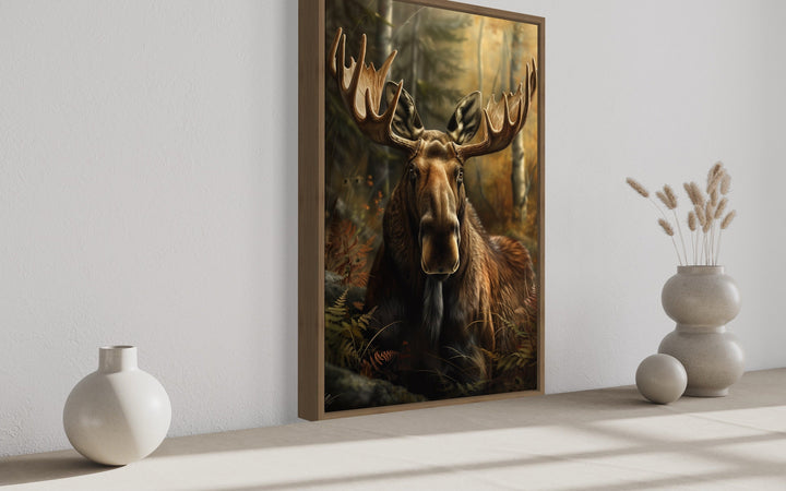 Moose In The Forest Framed Canvas Wall Art