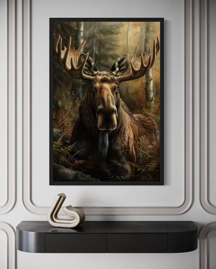 Moose In The Forest Framed Canvas Wall Art hanging above a black console table in a rustic room.
