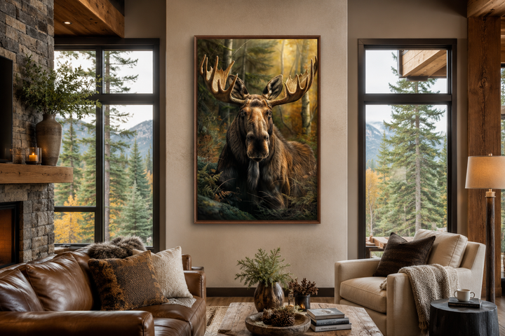 Moose In The Forest Framed Canvas Wall Art hanging in a rustic living room above a leather sofa.