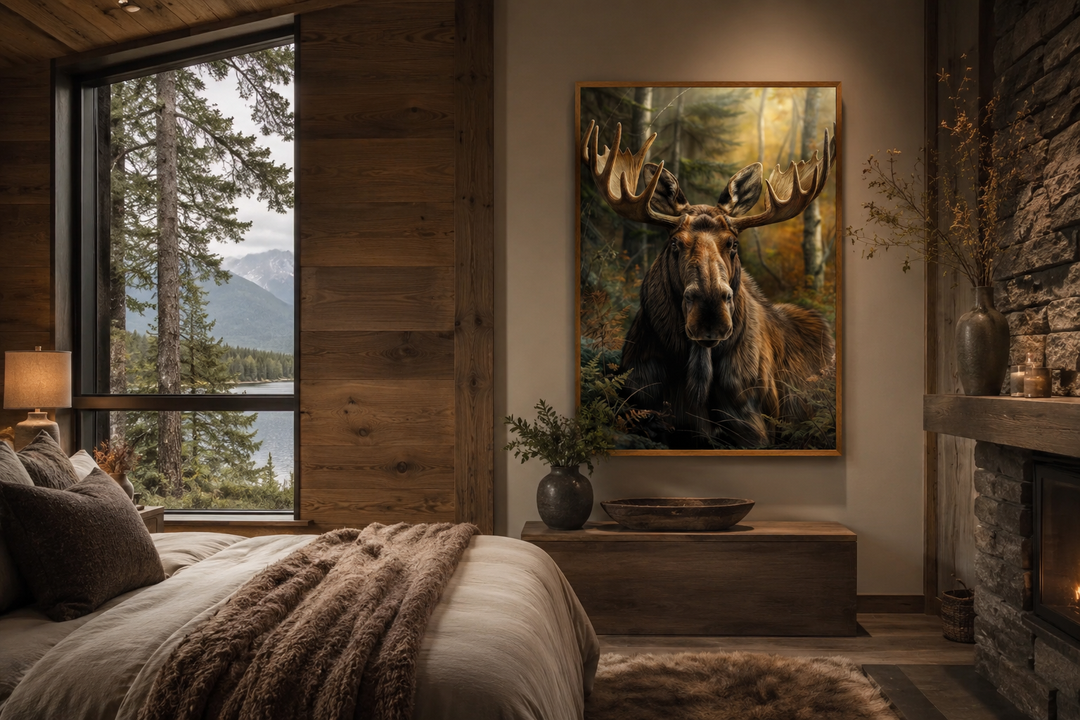 Moose in the forest framed canvas wall art hanging in a rustic cabin bedroom above a wooden bench.