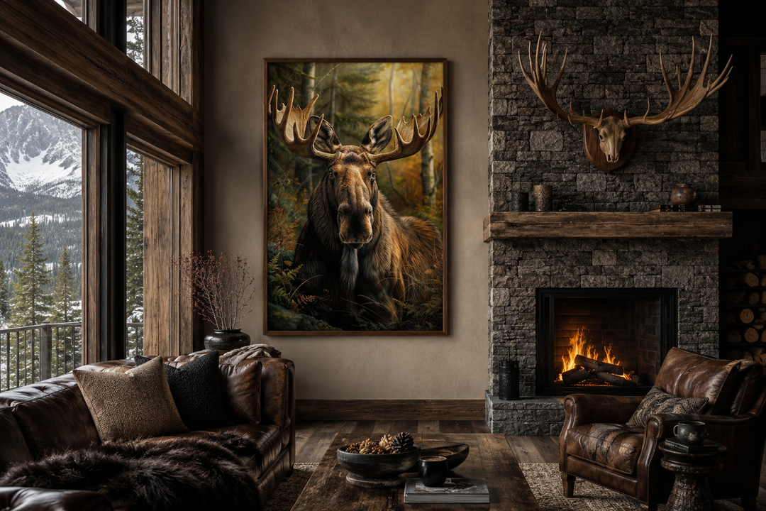 Moose In The Forest framed canvas wall art displayed above a sofa in a rustic cabin living room.