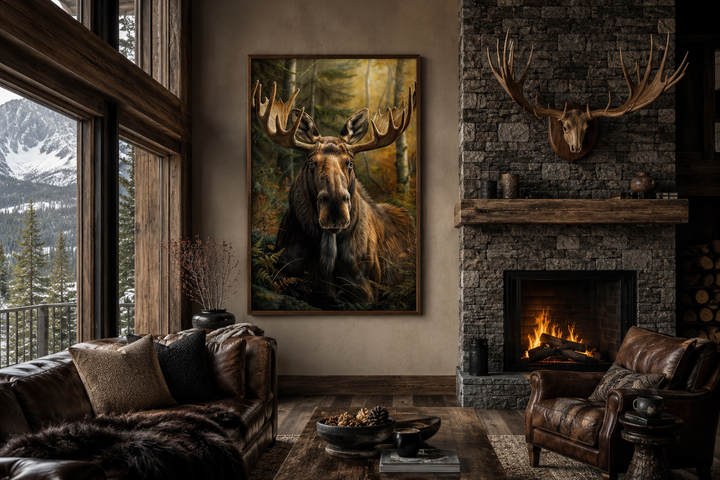 Moose In The Forest framed canvas wall art displayed above a sofa in a rustic cabin living room.