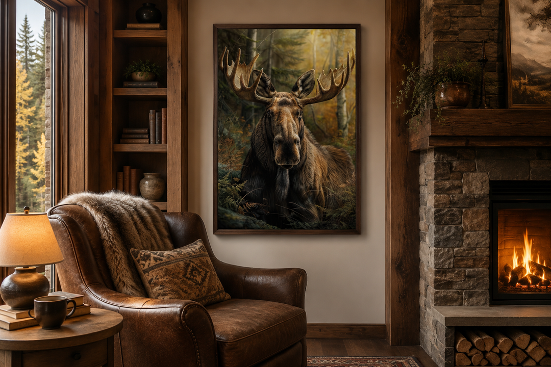 Moose in the forest framed canvas wall art displayed in a rustic living room above a leather chair.