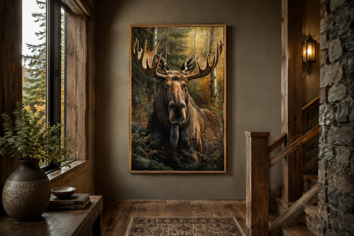 Moose in the forest framed canvas wall art hanging in a rustic cabin hallway.