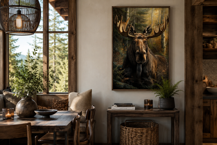 Moose in the forest framed canvas wall art displayed in a rustic cabin dining area.