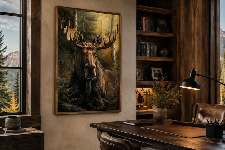 Moose in the forest framed canvas wall art hanging in a rustic study with a wooden desk and shelves.