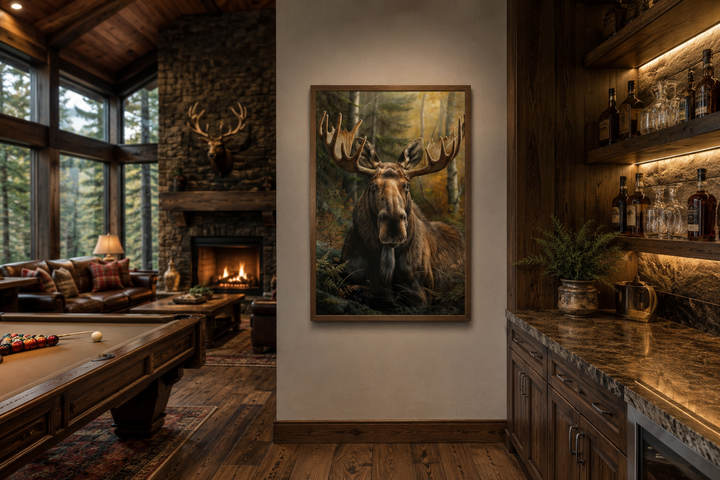 Moose In The Forest framed canvas wall art hanging in a rustic cabin living room.