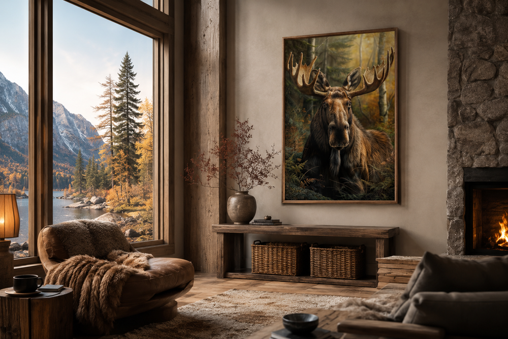 Moose in the forest framed canvas wall art displayed in a rustic cabin living room.