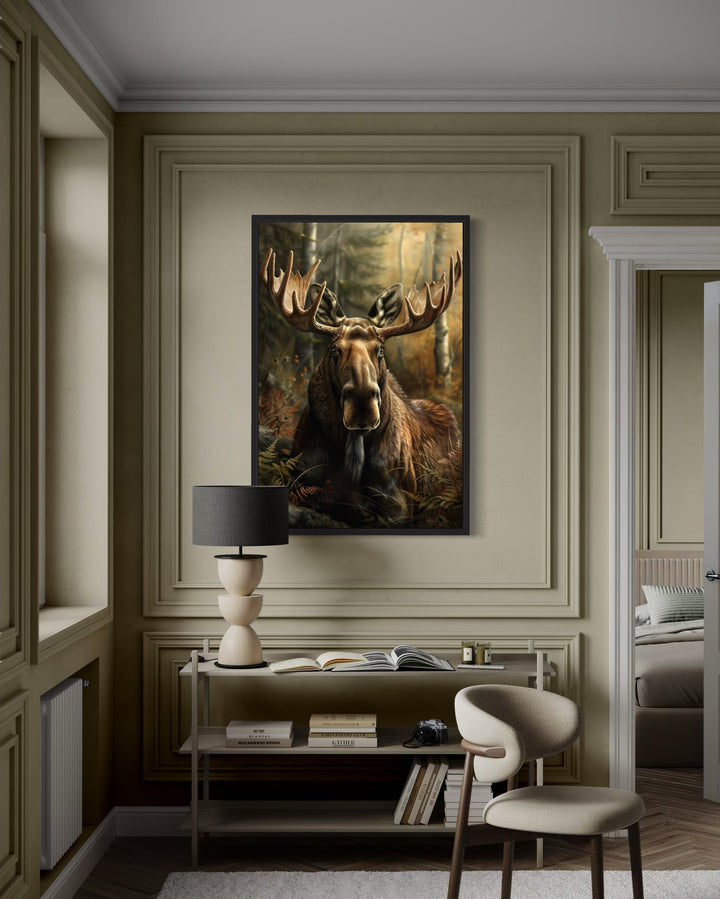 Moose In The Forest Framed Canvas Wall Art hanging in a rustic-style room above a console table.