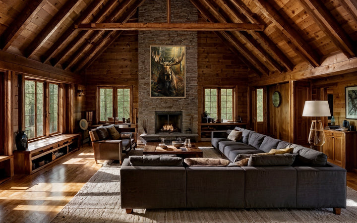 Moose In The Forest Framed Canvas Wall Art hanging above a stone fireplace in a rustic cabin.