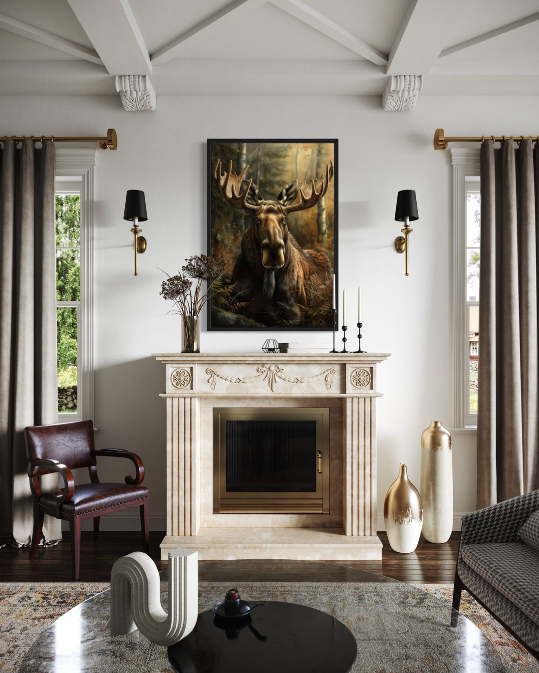 Moose In The Forest Framed Canvas Wall Art hanging above a fireplace in a rustic living room.