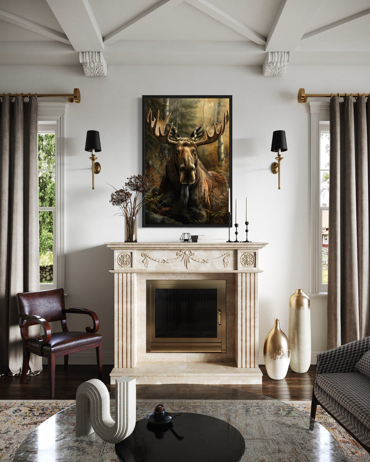 Moose In The Forest Framed Canvas Wall Art hanging above a fireplace in a rustic living room.