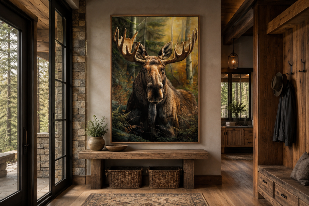Moose in the forest framed canvas wall art displayed above a wooden bench in a rustic cabin entryway.