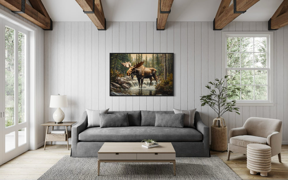 Moose In The Forest Rustic Framed Canvas Wall Art For Cabin Decor