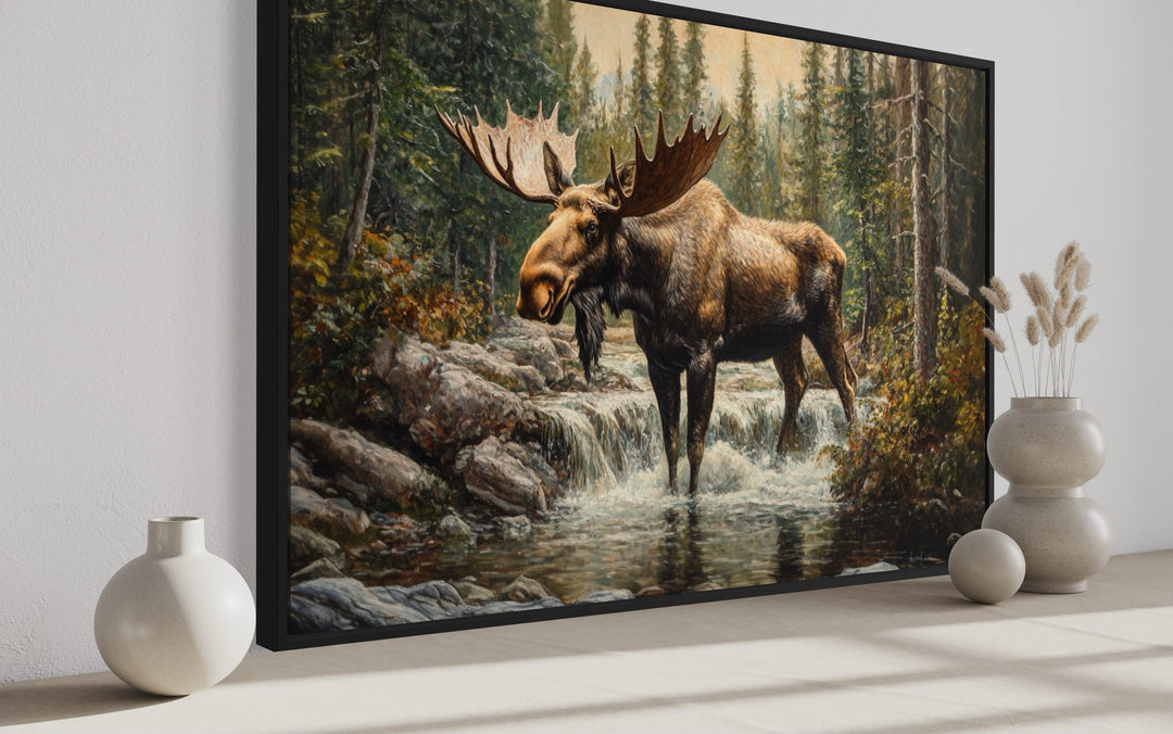 Moose In The Forest Rustic Framed Canvas Wall Art For Cabin Decor