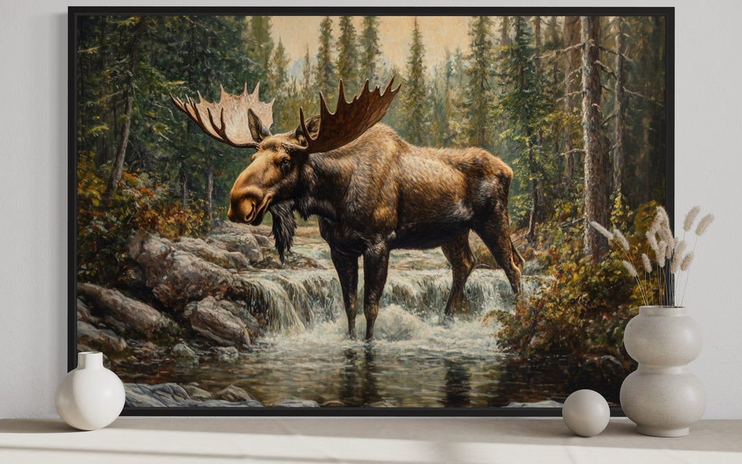 Moose In The Forest Rustic Framed Canvas Wall Art For Cabin Decor