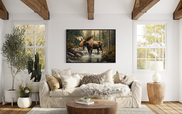 Moose In The Forest Rustic Framed Canvas Wall Art For Cabin Decor