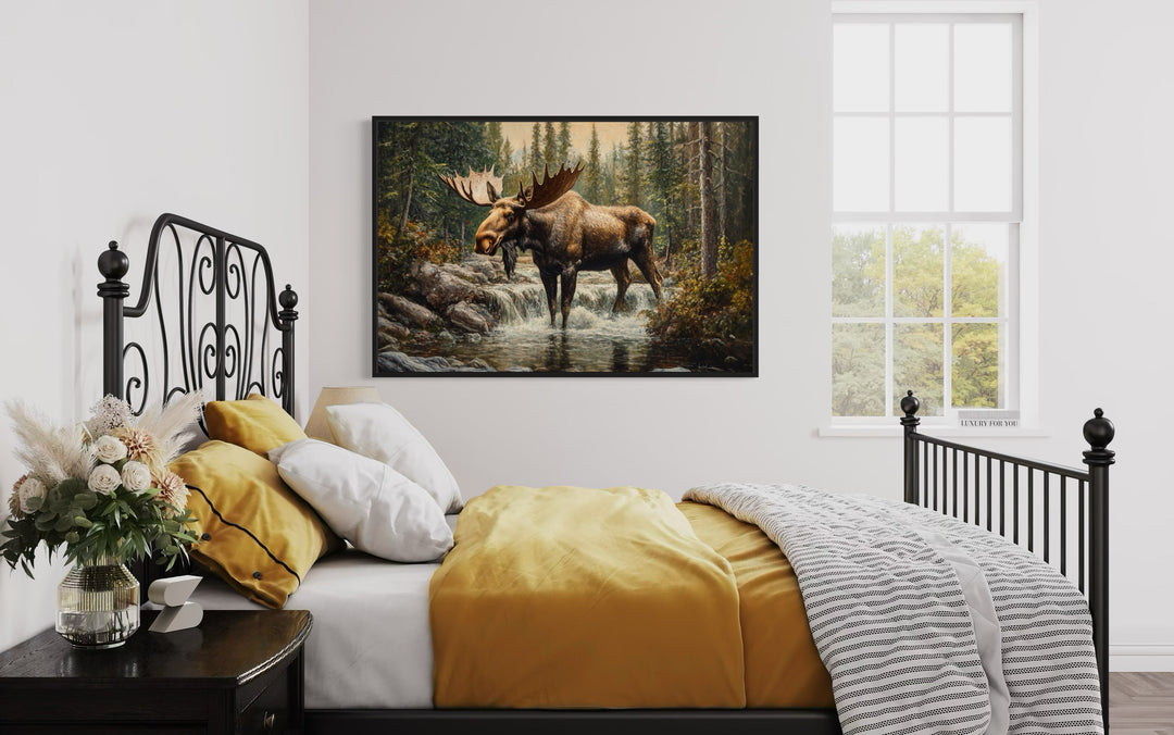 Moose In The Forest Rustic Framed Canvas Wall Art For Cabin Decor