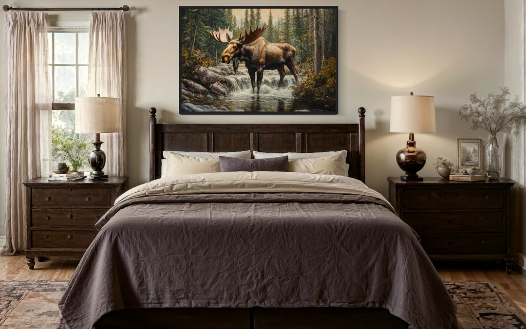 Moose In The Forest Rustic Framed Canvas Wall Art For Cabin Decor