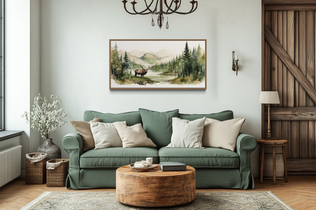 Moose In The Wilderness Mountain Landscape Framed Canvas Wall Art