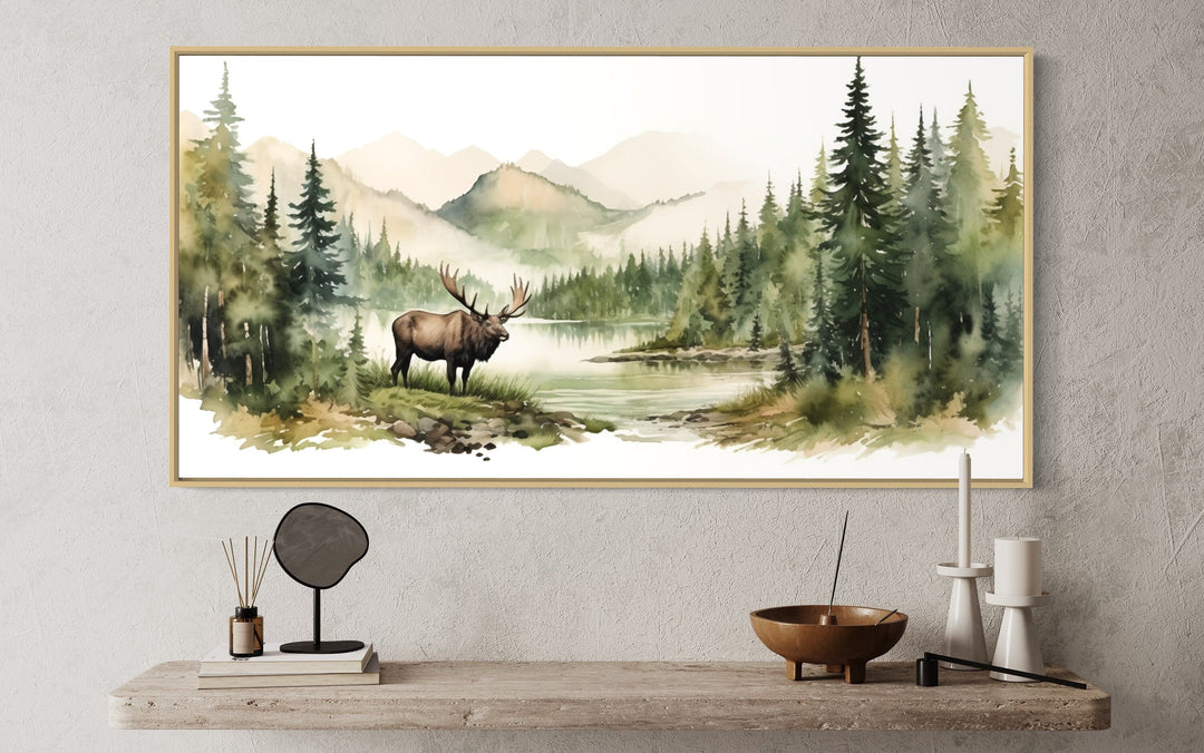 Moose In The Wilderness Mountain Landscape Framed Canvas Wall Art close up