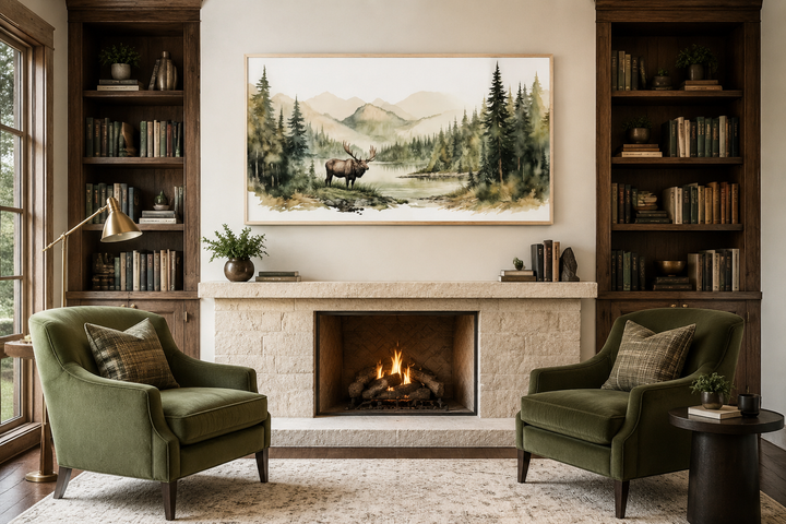 Moose in wilderness watercolor framed canvas wall art above a fireplace in a cozy living room.