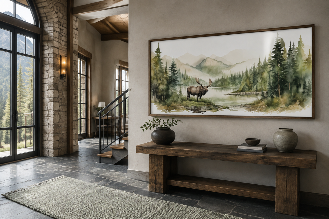 Moose in wilderness watercolor framed canvas wall art above a wooden console table in a cabin.