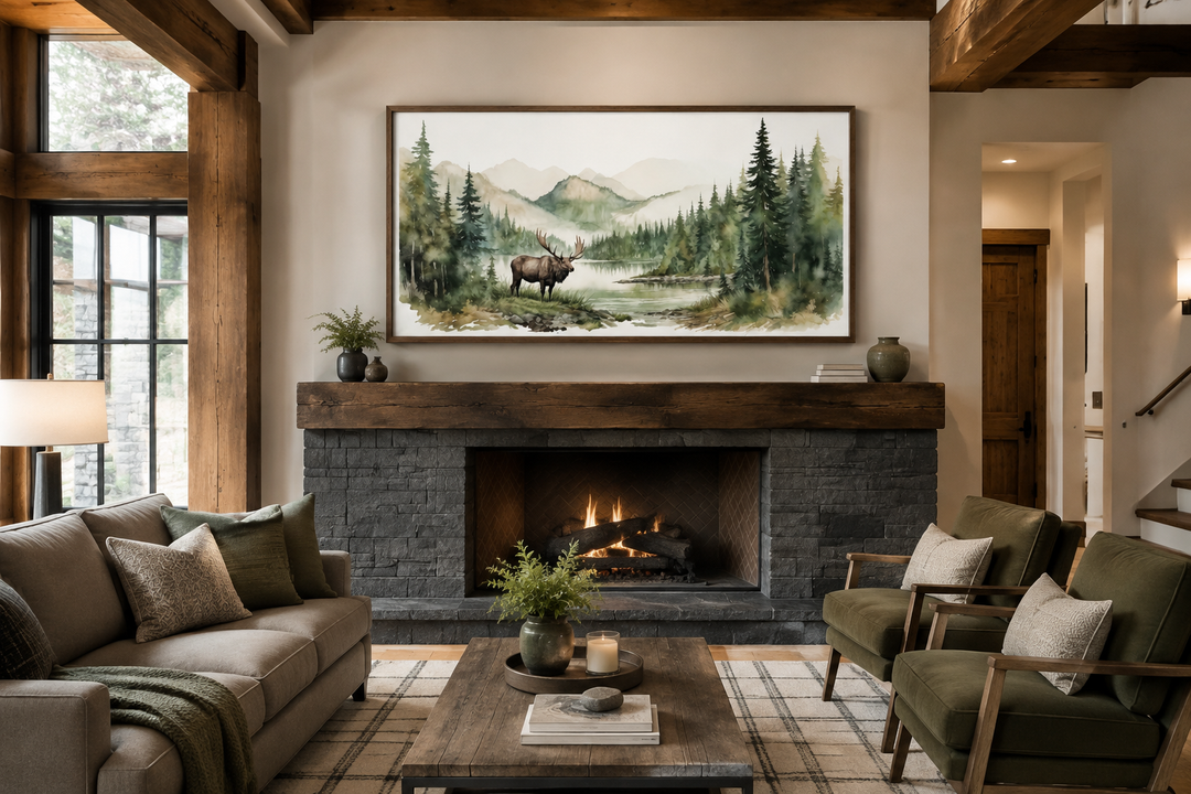 Moose in wilderness watercolor framed canvas wall art hanging above a fireplace in a rustic cabin.